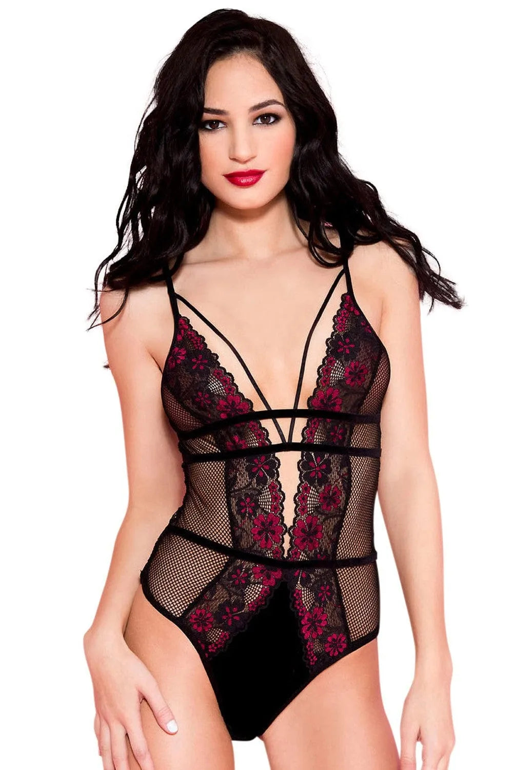 Body dentelle noir avec bordure fleurie, ornements poitrine, résille, polyester et élasthanne, élégant et séduisant.