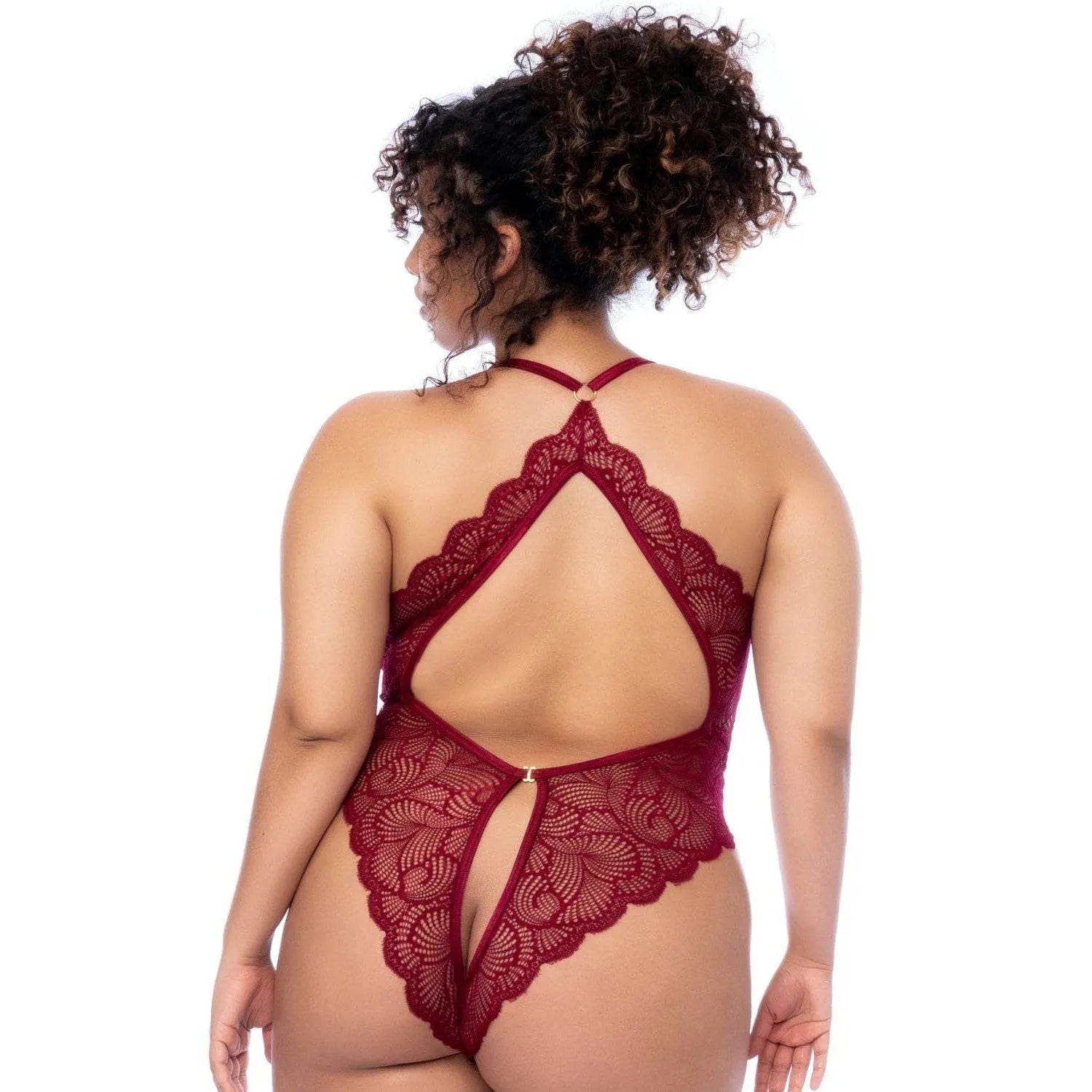 Body en dentelle ondulée rouge, dos ouvert, décolleté plongeant, élégant et sophistiqué pour une allure chic.