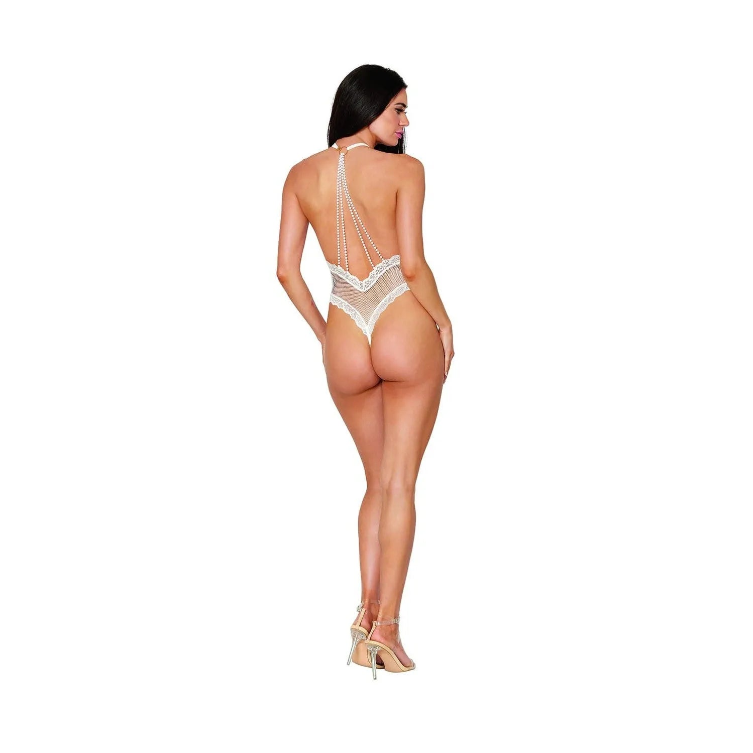 Body en résille blanche avec dentelle et perles, dos nu élégant, idéal pour soirées spéciales, style raffiné.