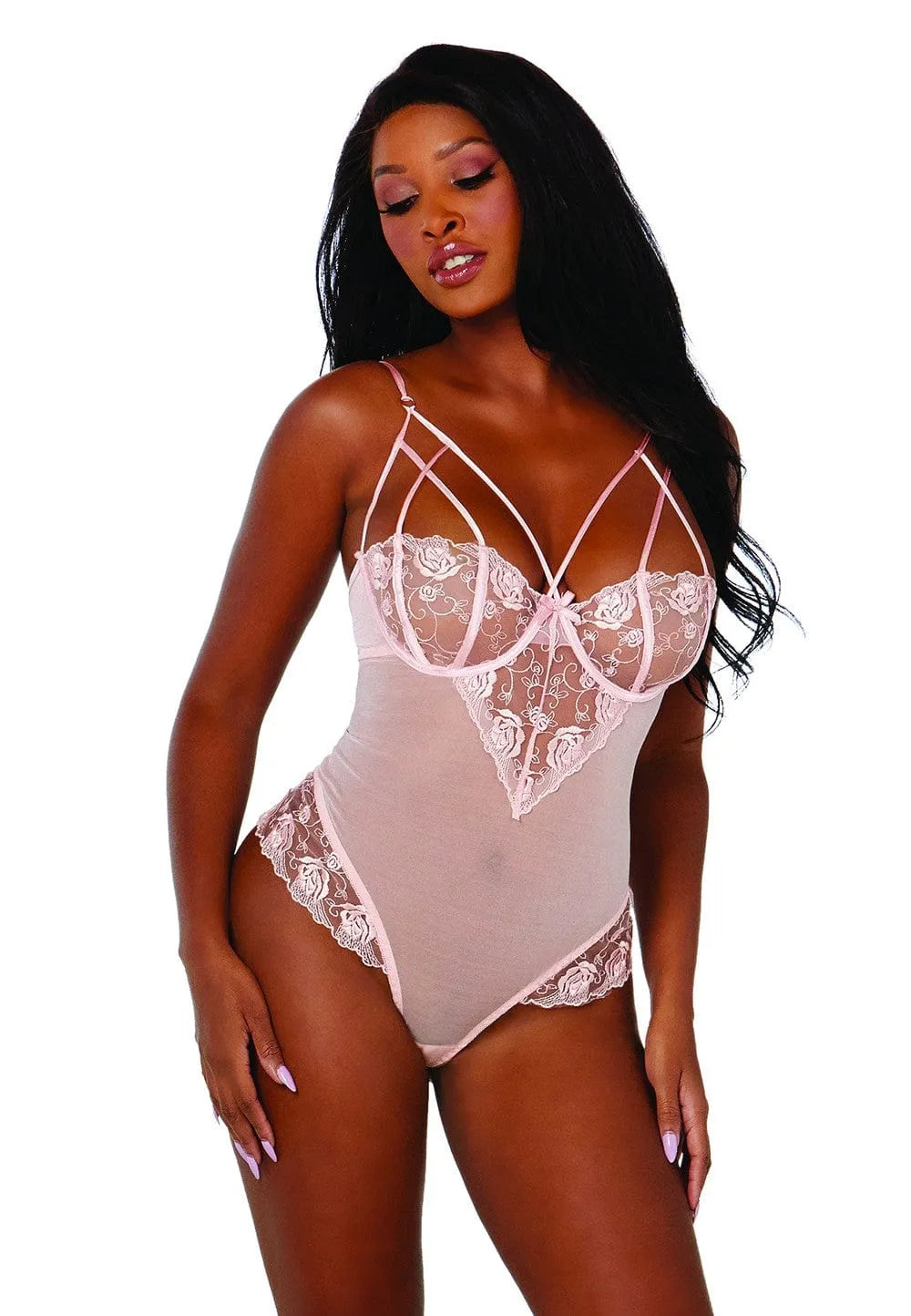 Body femme rose pâle en résille et dentelle florale, bonnets à armatures, lanières fines, élégant et sensuel.