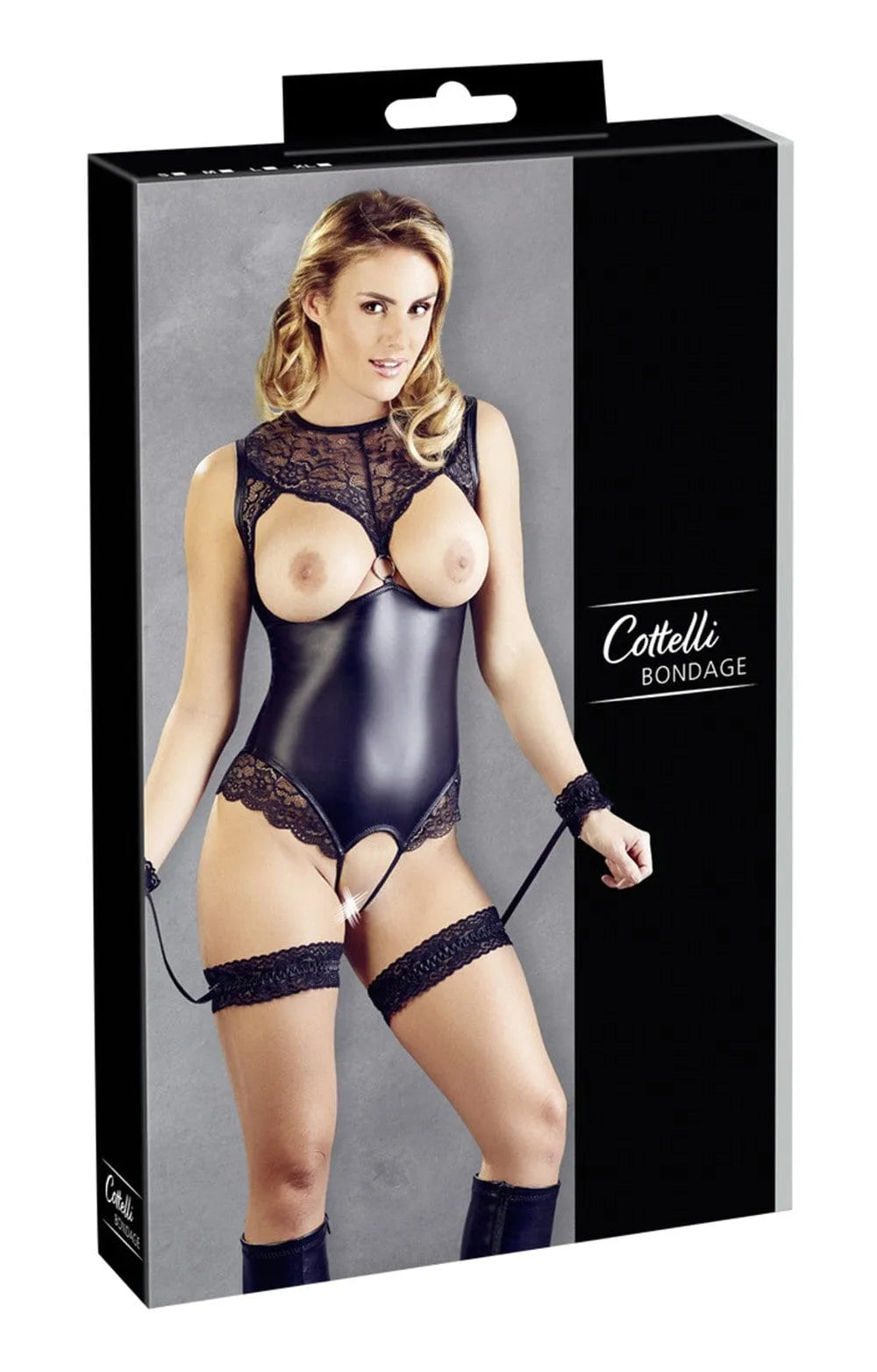 Body Filet Noir en dentelle et simili cuir avec anneau argenté, jarretières et menottes, design ouvert et séduisant.