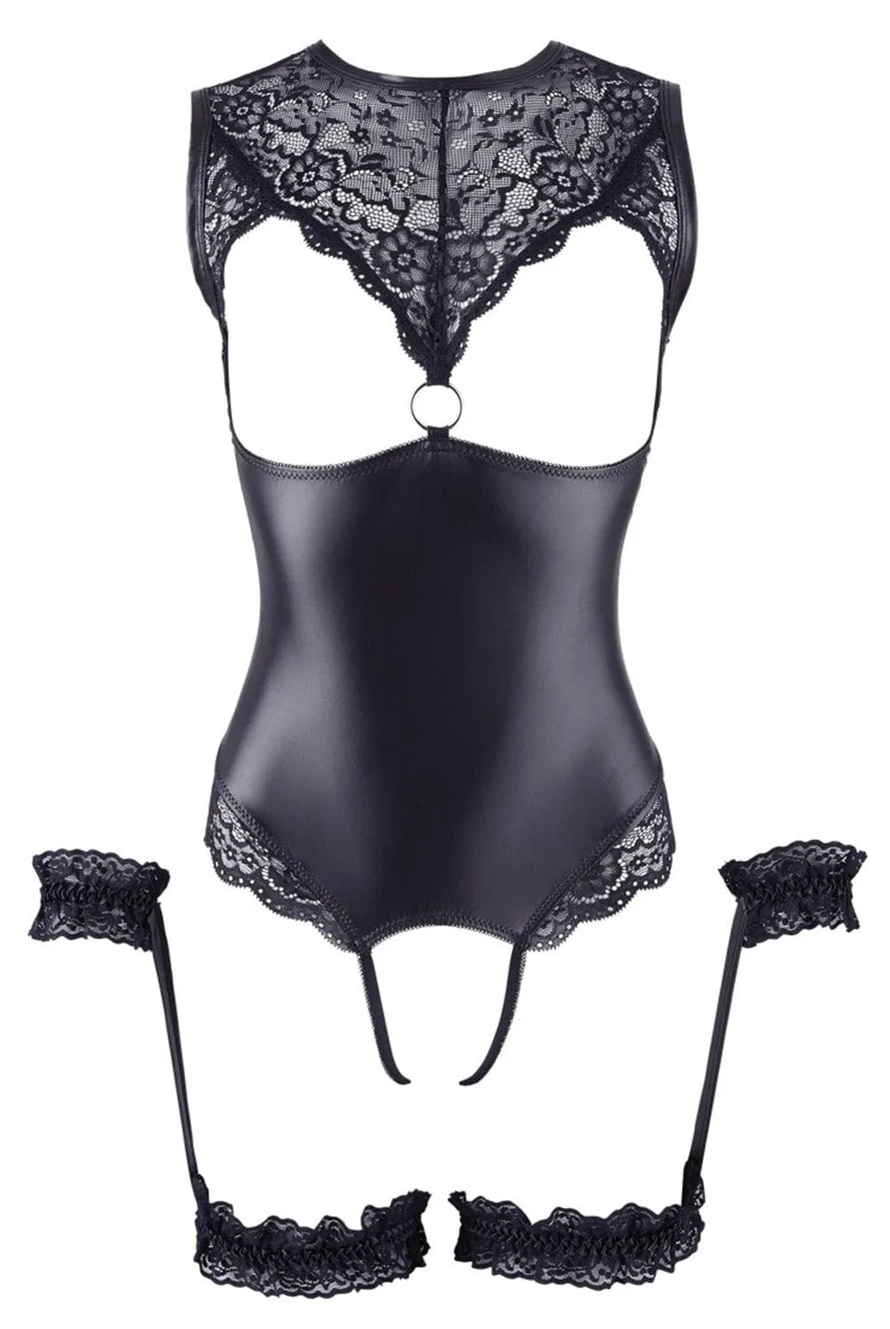 Body Filet Noir en dentelle et simili cuir, anneau argenté, ouvert, jarretières et menottes dentelle incluses.