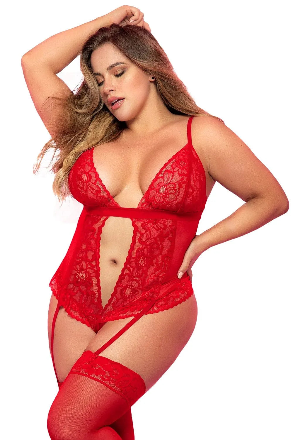 Body Grande Taille Rouge Dentelle Résille