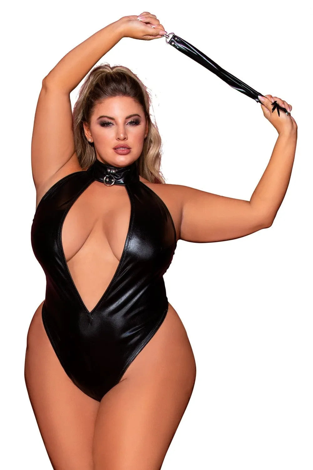 Body grande taille simili cuir noir clouté, décolleté plongeant, dos nu, col clouté, fouet amovible, Dreamgirl.