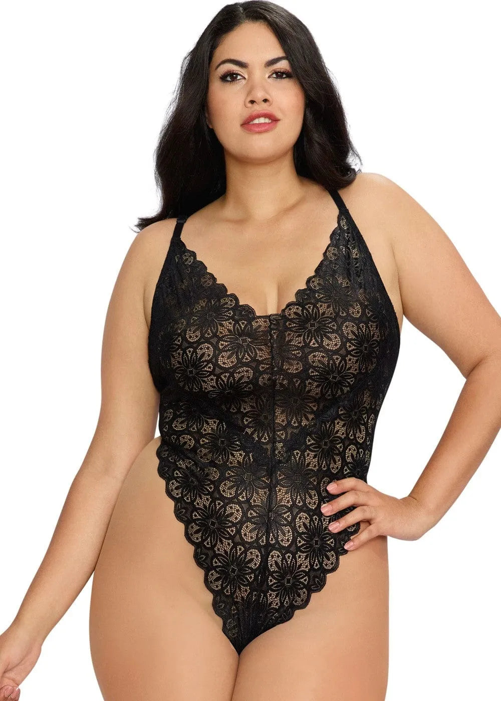 Body noir grande taille en dentelle, coupe échancrée, dos nu, valorise courbes féminines avec élégance et sensualité.