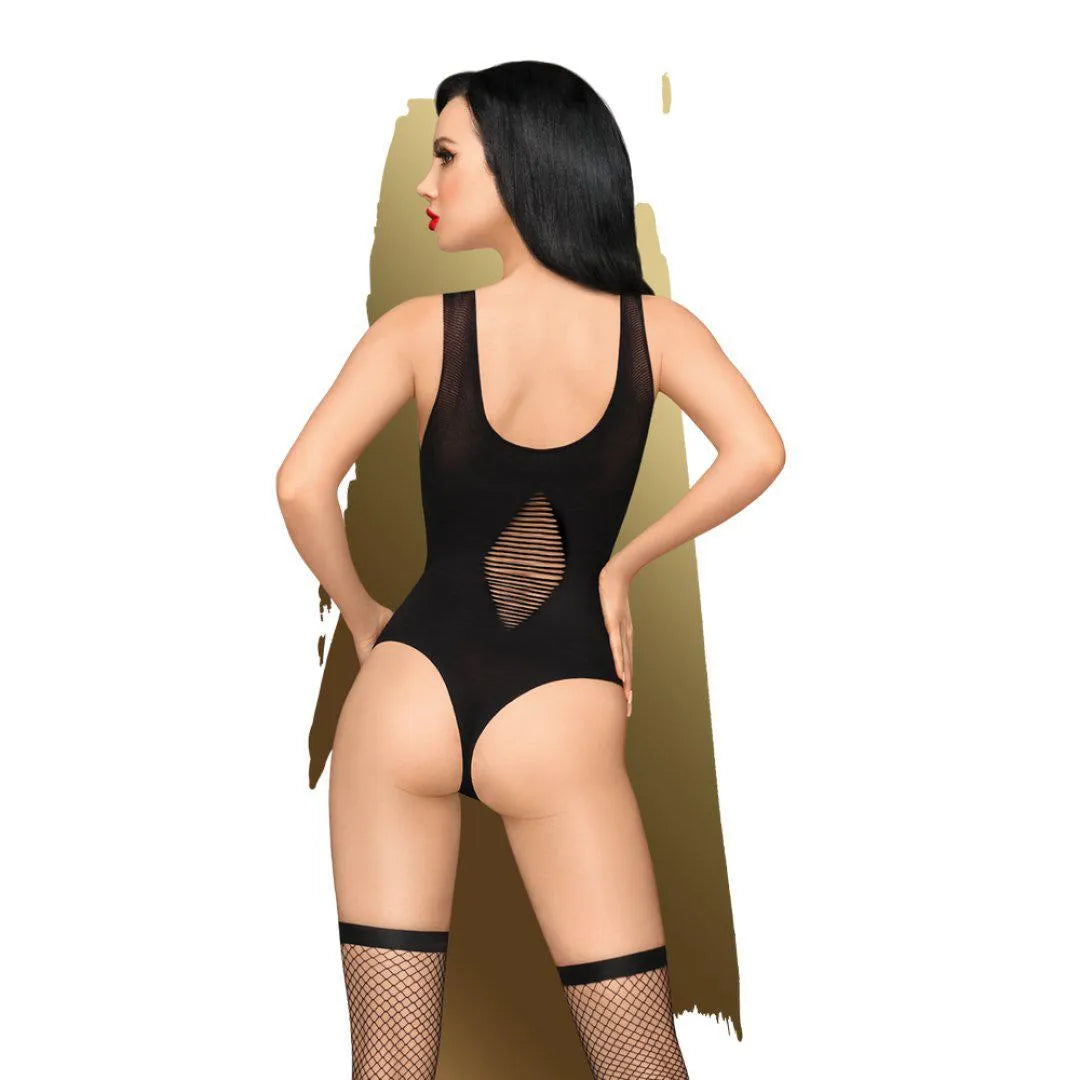 Body noir semi-opaque style string, décolleté audacieux avec lanières, ouvert à l'entrejambe, élégant et sensuel.