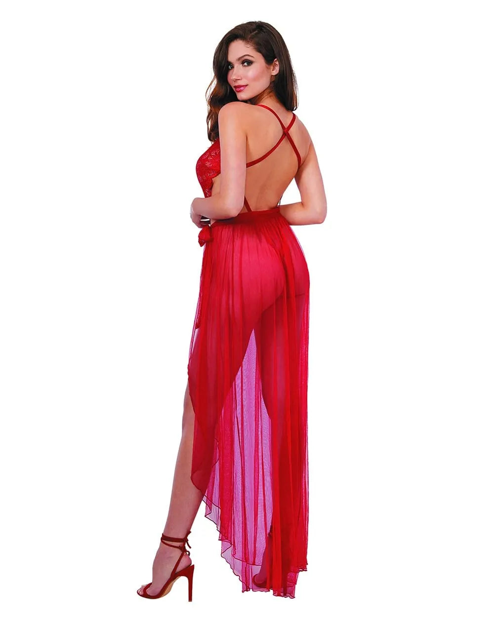 Body résille rouge sexy avec dentelle, dos nu, bretelles réglables, jupe longue transparente amovible, silhouette flatteuse.