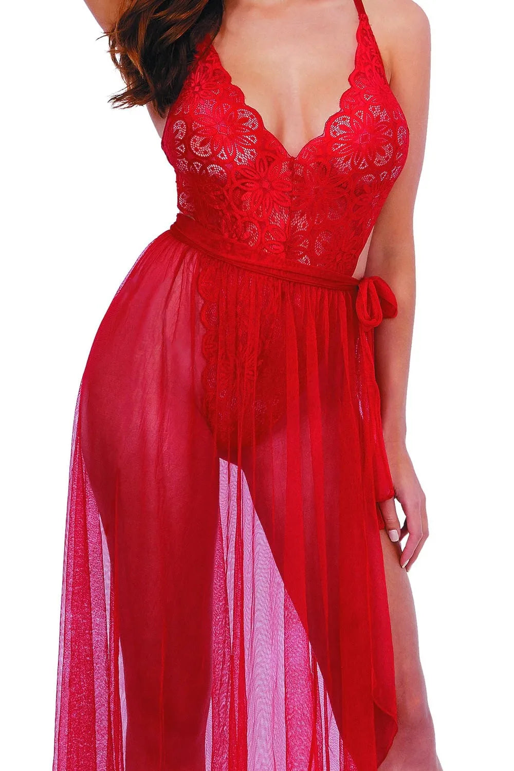 Body résille rouge dentelle, dos nu, bretelles réglables, jupe longue maille transparente, silhouette élégante.