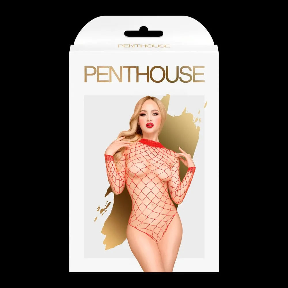 Body rouge transparent en maille ajourée, manches longues, nylon élasthanne, ouverture entrejambe, collection Penthouse.