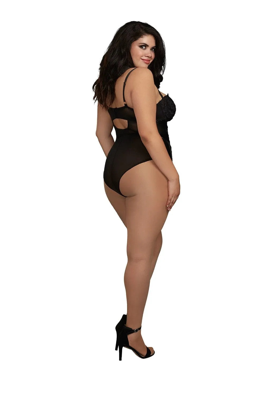 Body string grande taille en dentelle noire avec bretelles réglables, bonnets moulés, simili cuir stretch, vue de dos.