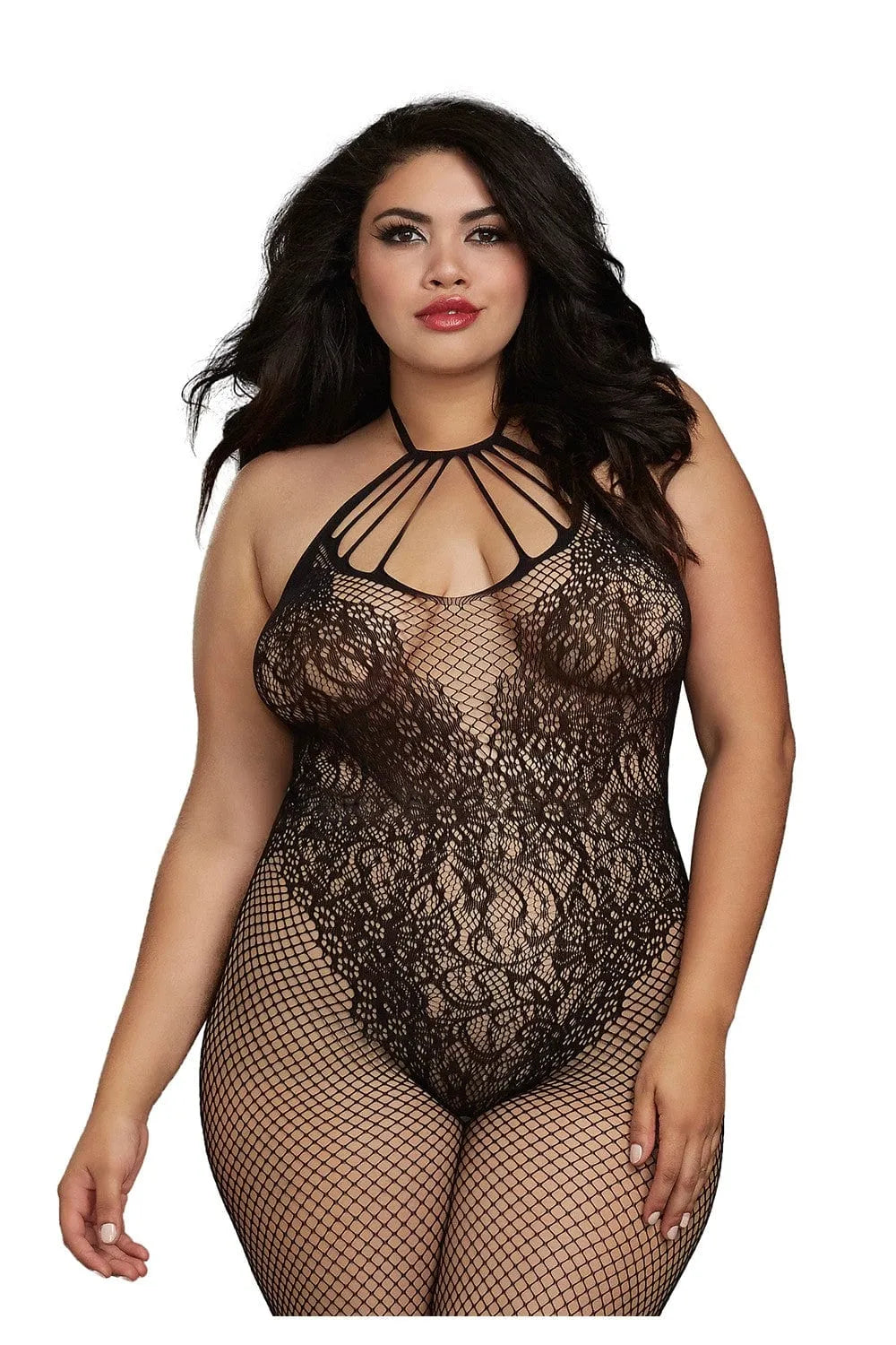 Bodystocking grande taille résille noire, décolleté lanières, liens licou réglables, ouverture entrejambe, élégant et sédu...