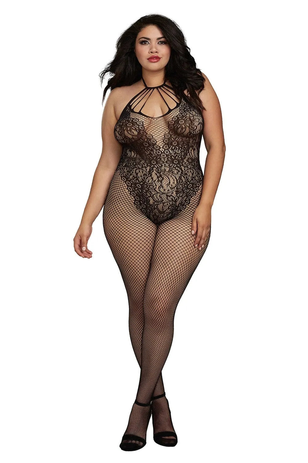 Bodystocking grande taille résille noire, décolleté lanières, liens licou réglables, ouverture à l'entrejambe, chic et élé...