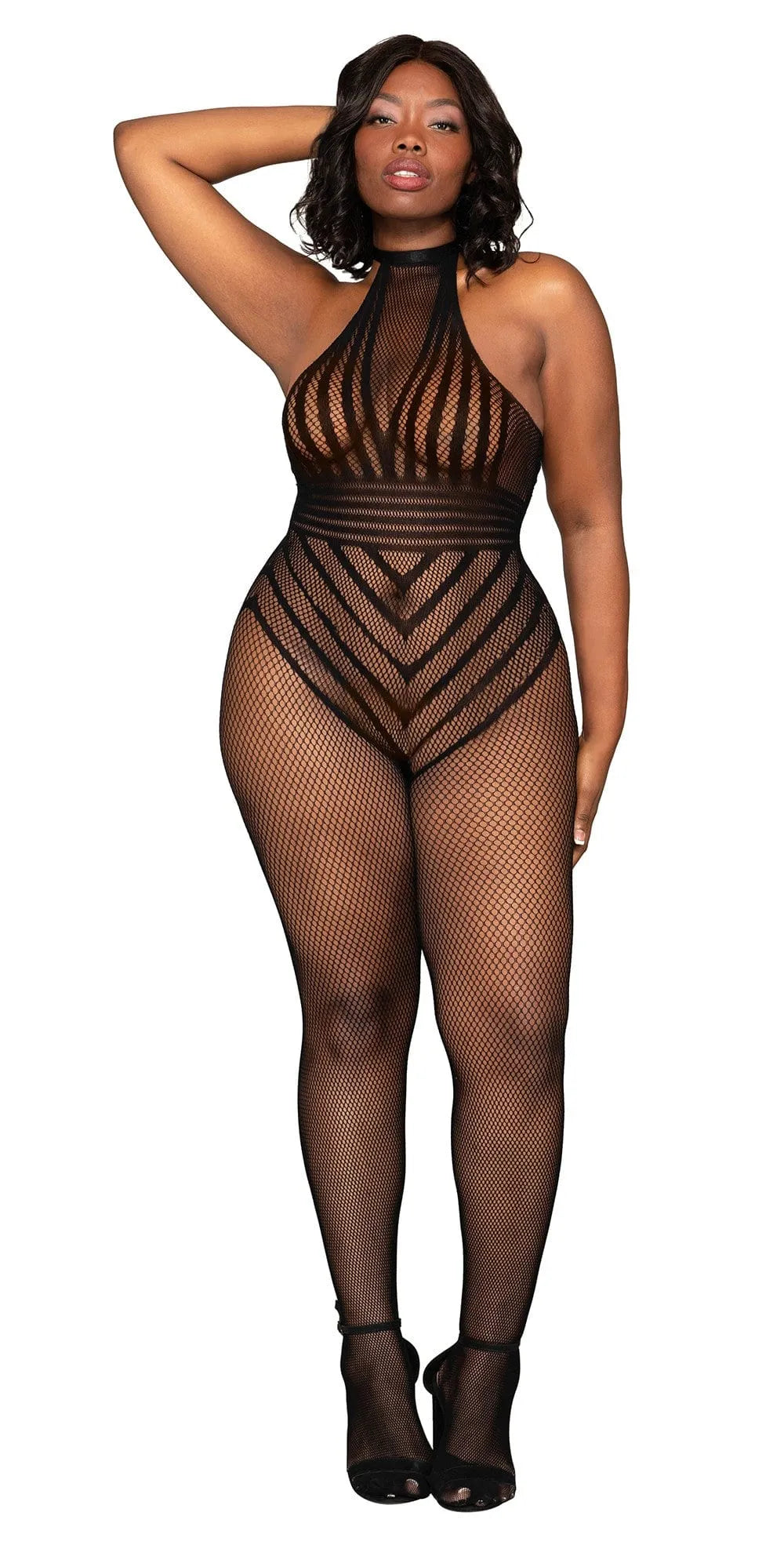 Bodystocking grande taille résille noire ouvert avec col licou, sangle dos, entrejambe ouvert, élégant et sensuel.