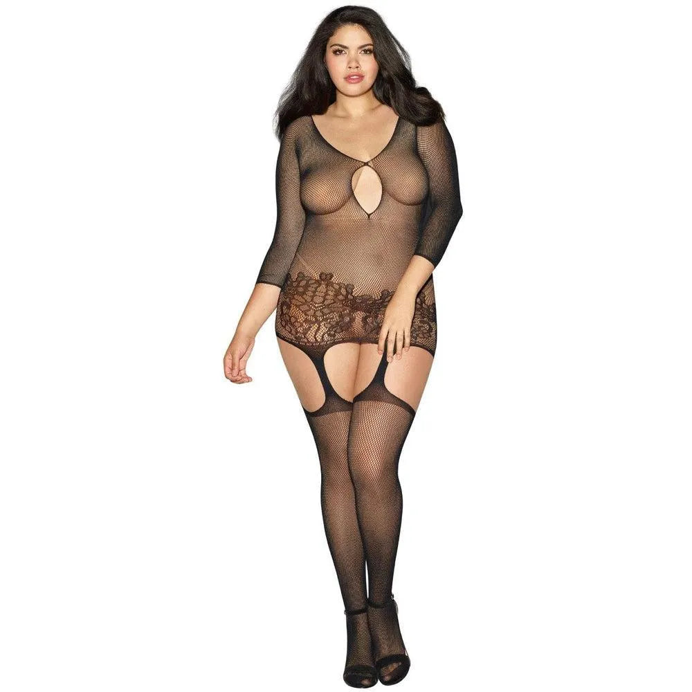 Bodystocking Noir Grande Taille Motif Floral