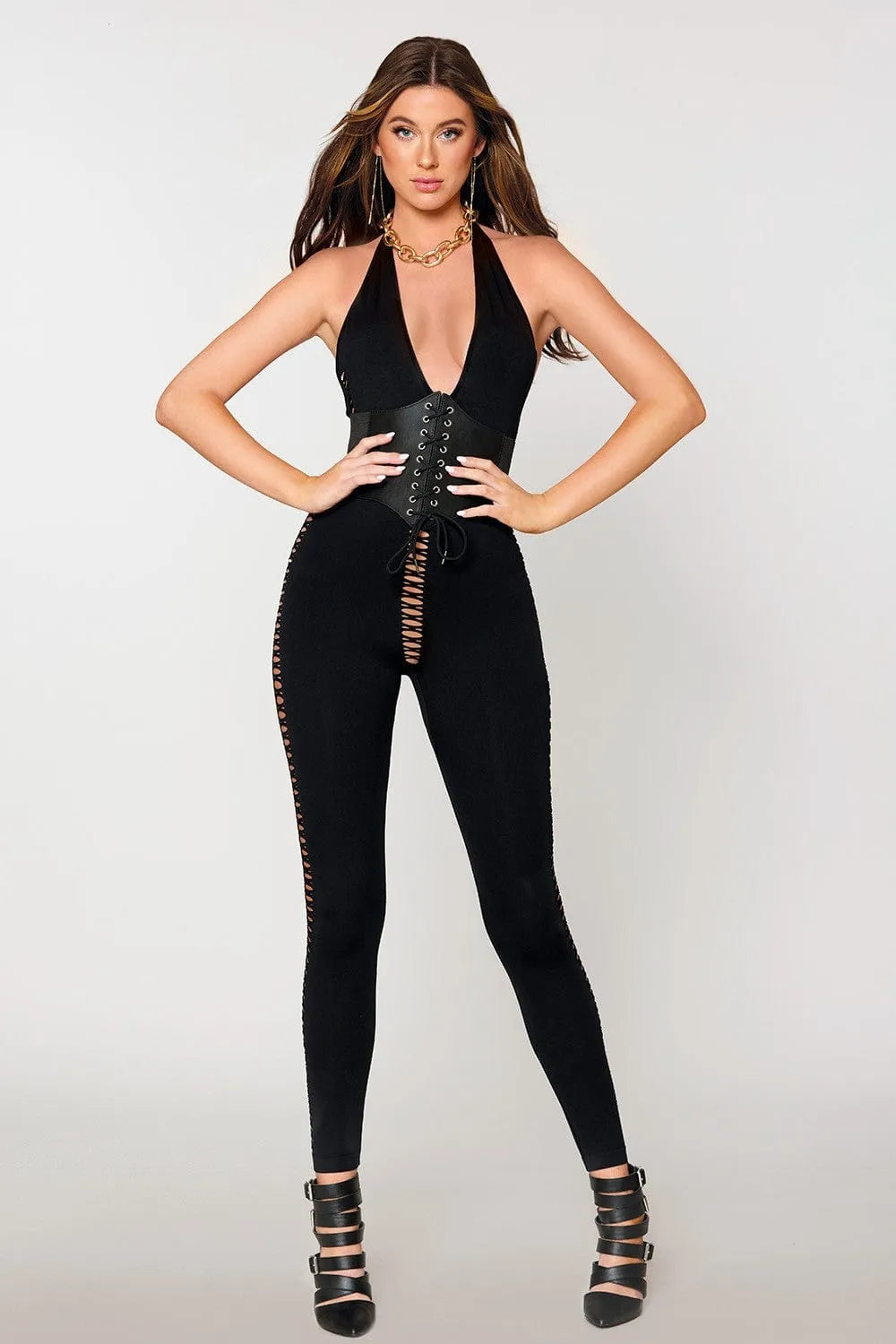 Bodystocking noir opaque dos nu à lacets, encolure licou, ouvertures lacées, élégant et sensuel, sans pieds.