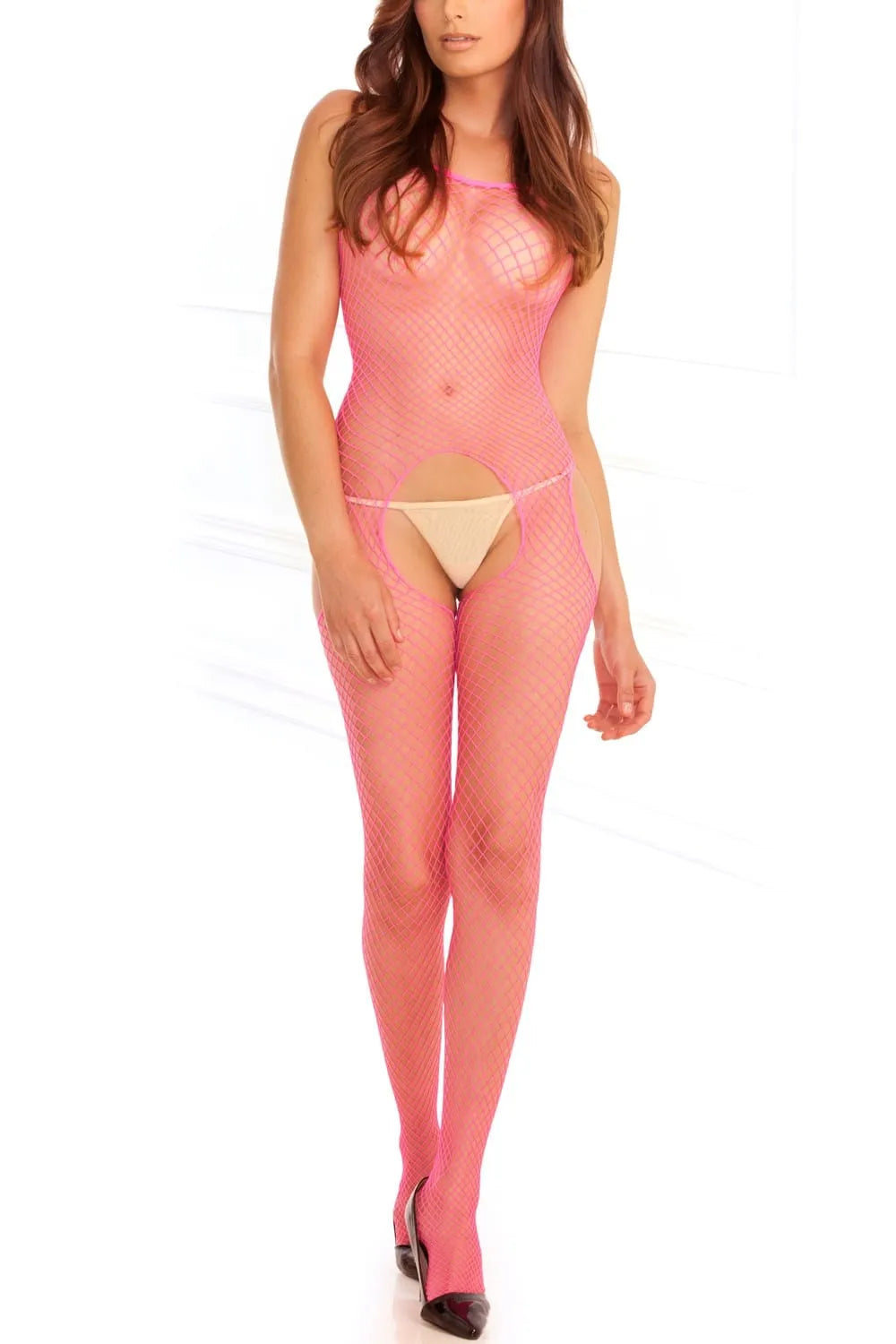 Bodystocking rose en résille filet, coupe moulante avec ouvertures avant et arrière, idéal pour une allure audacieuse.