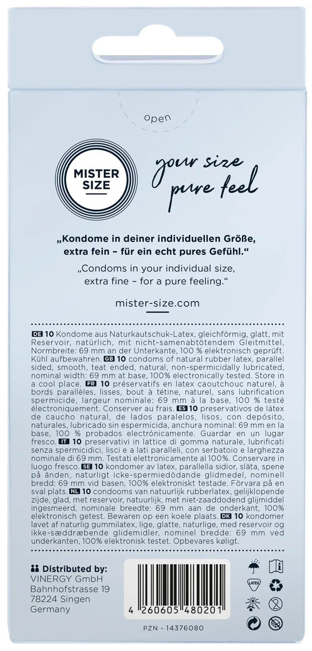 Boîte de préservatifs en latex, 10 unités, surface lisse, tailles variées, norme CE, emballage blanc avec texte noir.