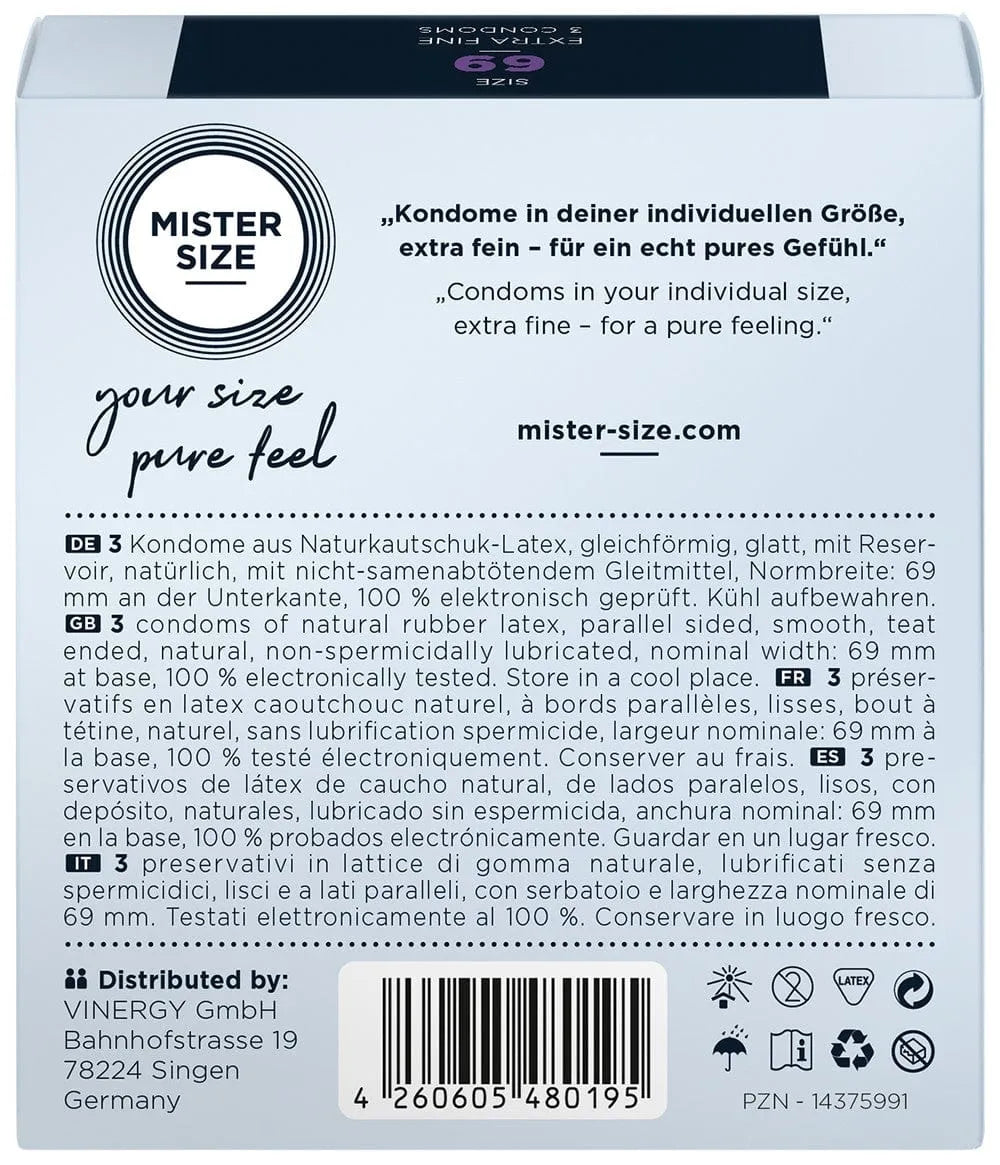 Boîte de préservatifs en latex, 3 tailles, design moderne, texte informatif, norme CE, fond blanc, détails noirs.