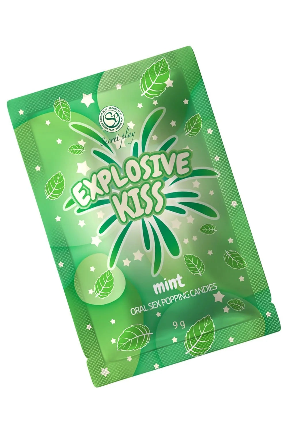 Bonbons menthe pétillants pour intensifier le plaisir oral, emballage vert avec motifs de feuilles et étoiles.