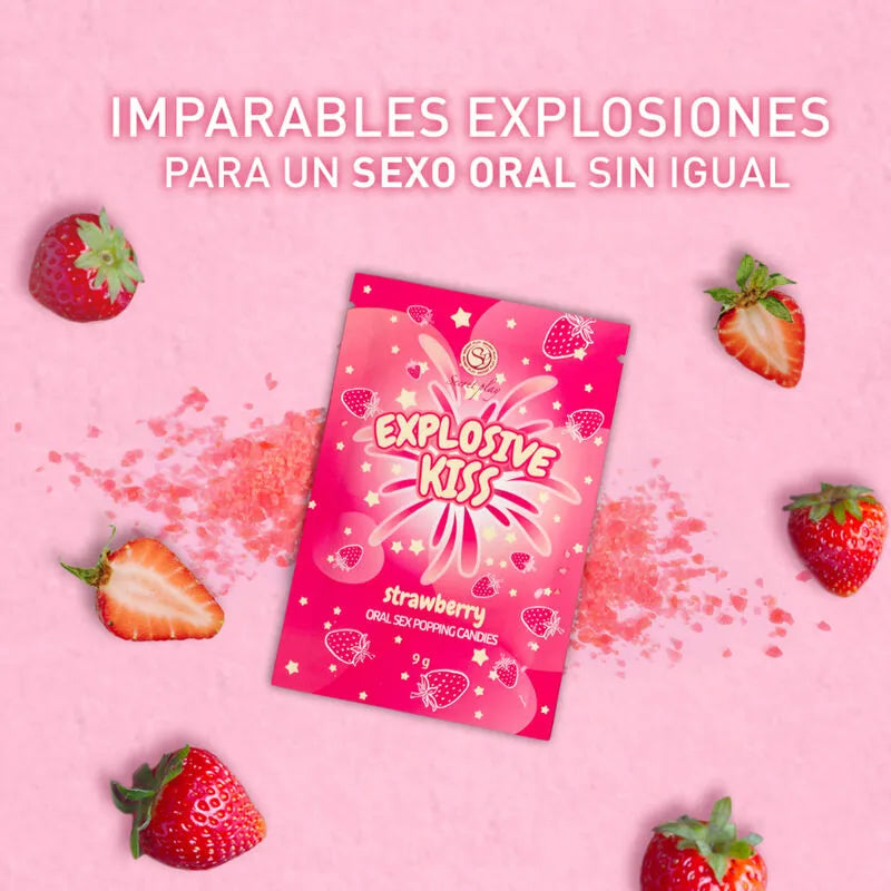 Bonbons érotiques explosifs roses avec fraises, emballage vibrant, pour moments intimes sensoriels et ludiques.