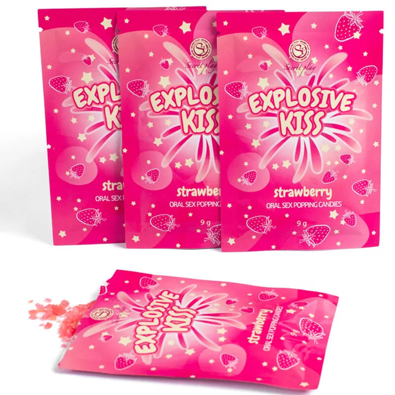 Paquets roses de bonbons érotiques explosifs pour sexe oral, saveur fraise, avec illustrations de fraises et étoiles.