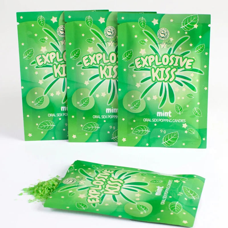 Bonbons intimes effervescents verts, sachets design éclatant, pour sensations explosives lors du sexe oral.