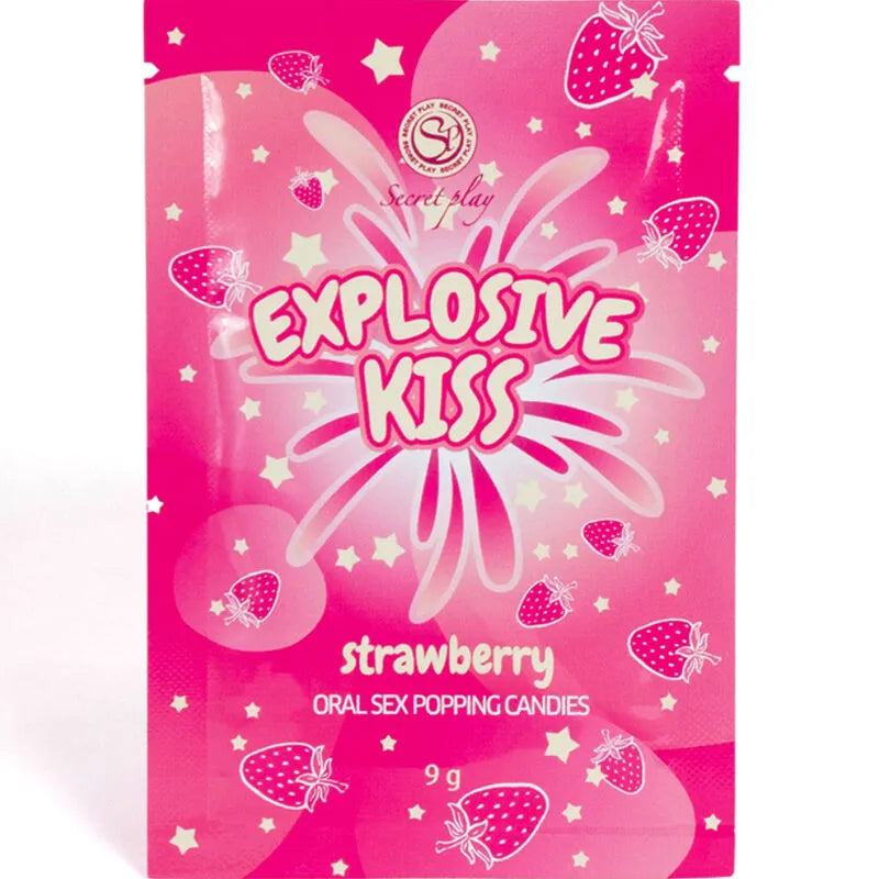 Sachet rose de bonbons érotiques explosifs pour sexe oral, fraise, 9g, avec illustrations de fraises et étoiles.