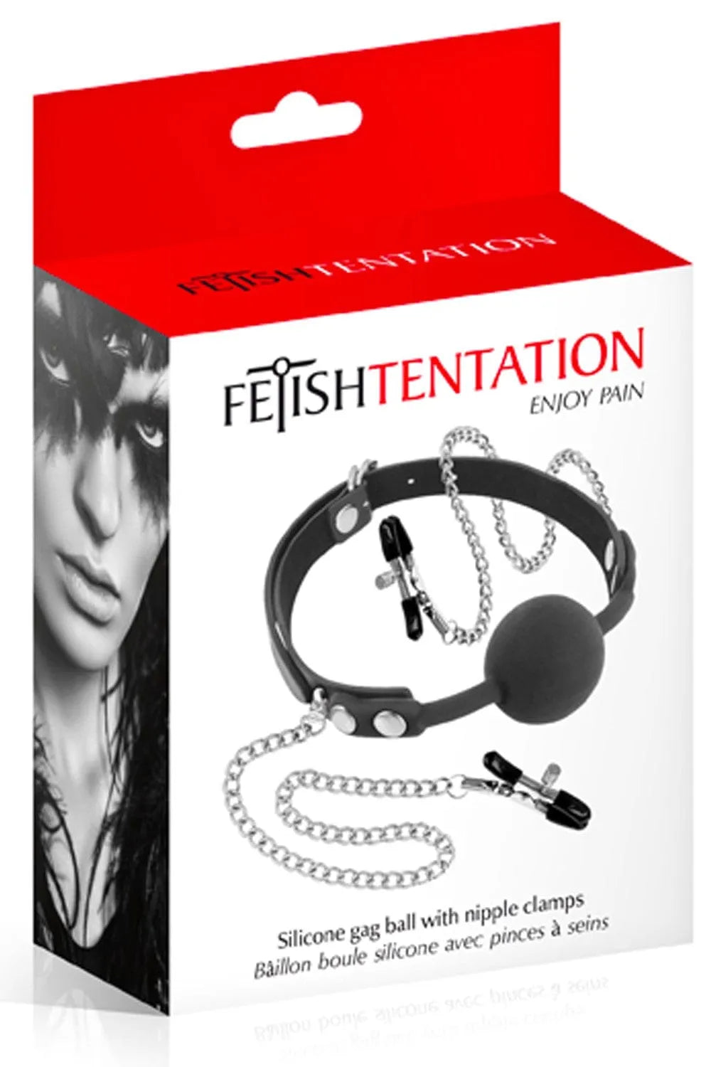 Baillon noir avec chaînes et pinces à tétons réglables, présenté dans une boîte rouge et blanche.