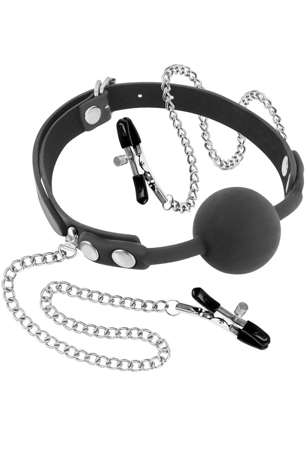 Baillon bondage noir avec boule et chaînes argentées, pinces à tétons réglables, accessoire ajustable pour jeux coquins.