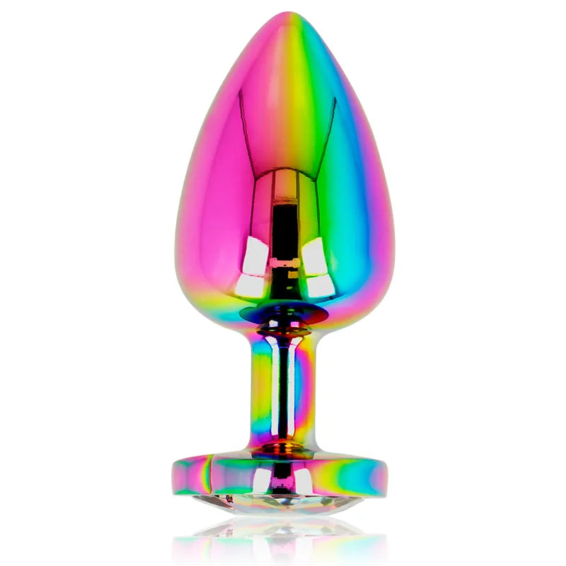 Bouchon anal en métal irisé multicolore, forme ergonomique, idéal pour débutants, finition élégante et confortable.
