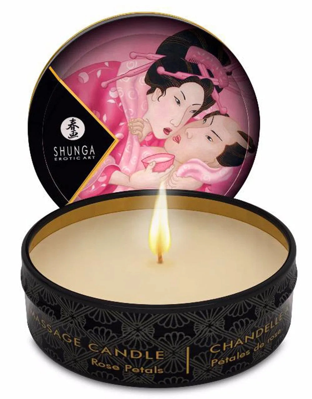 Bougie de massage chauffante rose dans un pot noir avec couvercle illustré, flamme allumée, ambiance détente.
