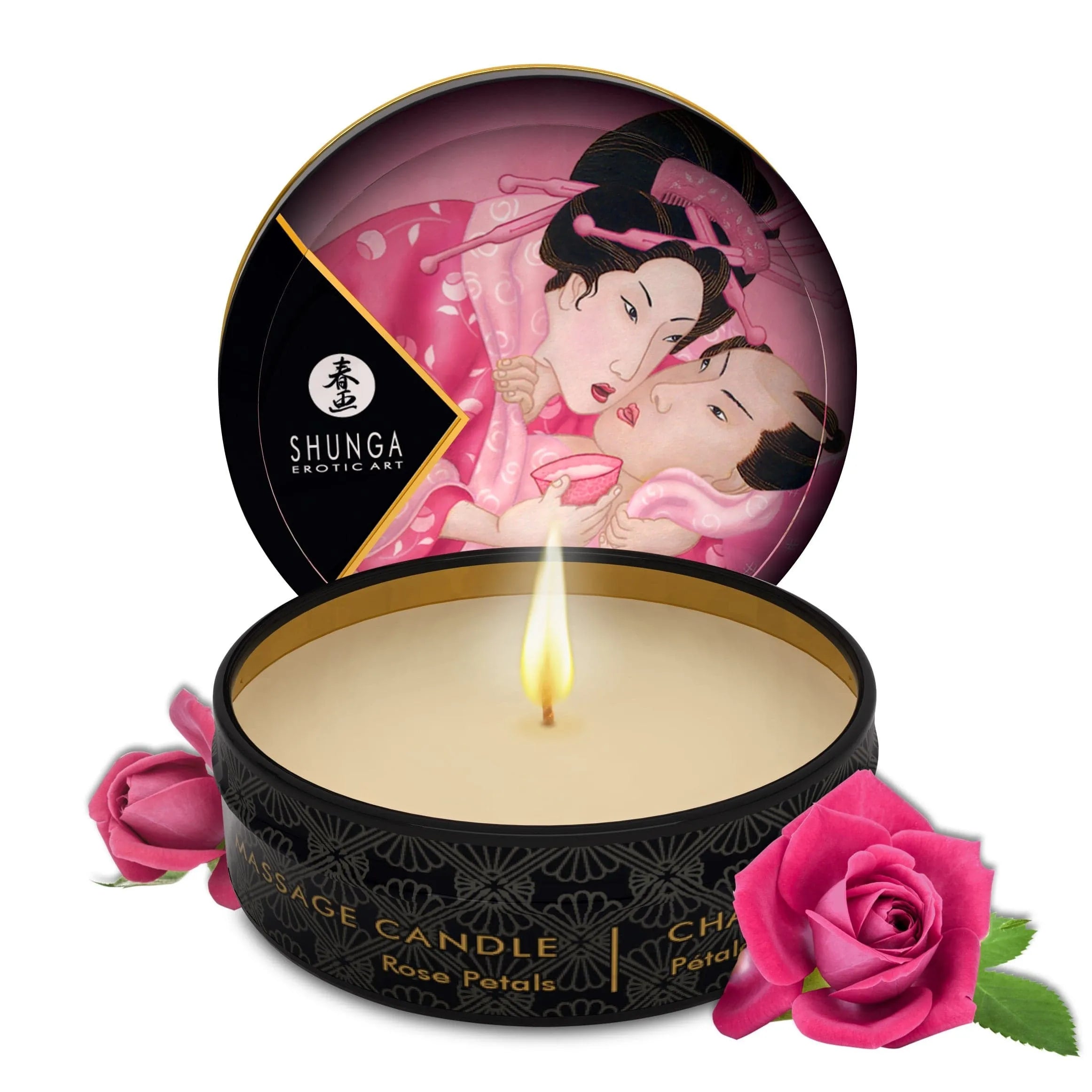 Bougie chauffante massage rose, cire tiède, huiles naturelles, parfum délicat, détente et relaxation.