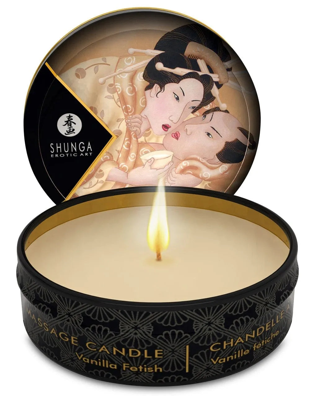 Bougie de massage à la vanille, cire fondue, pot noir décoré, couvercle illustré, ambiance chaleureuse et apaisante.