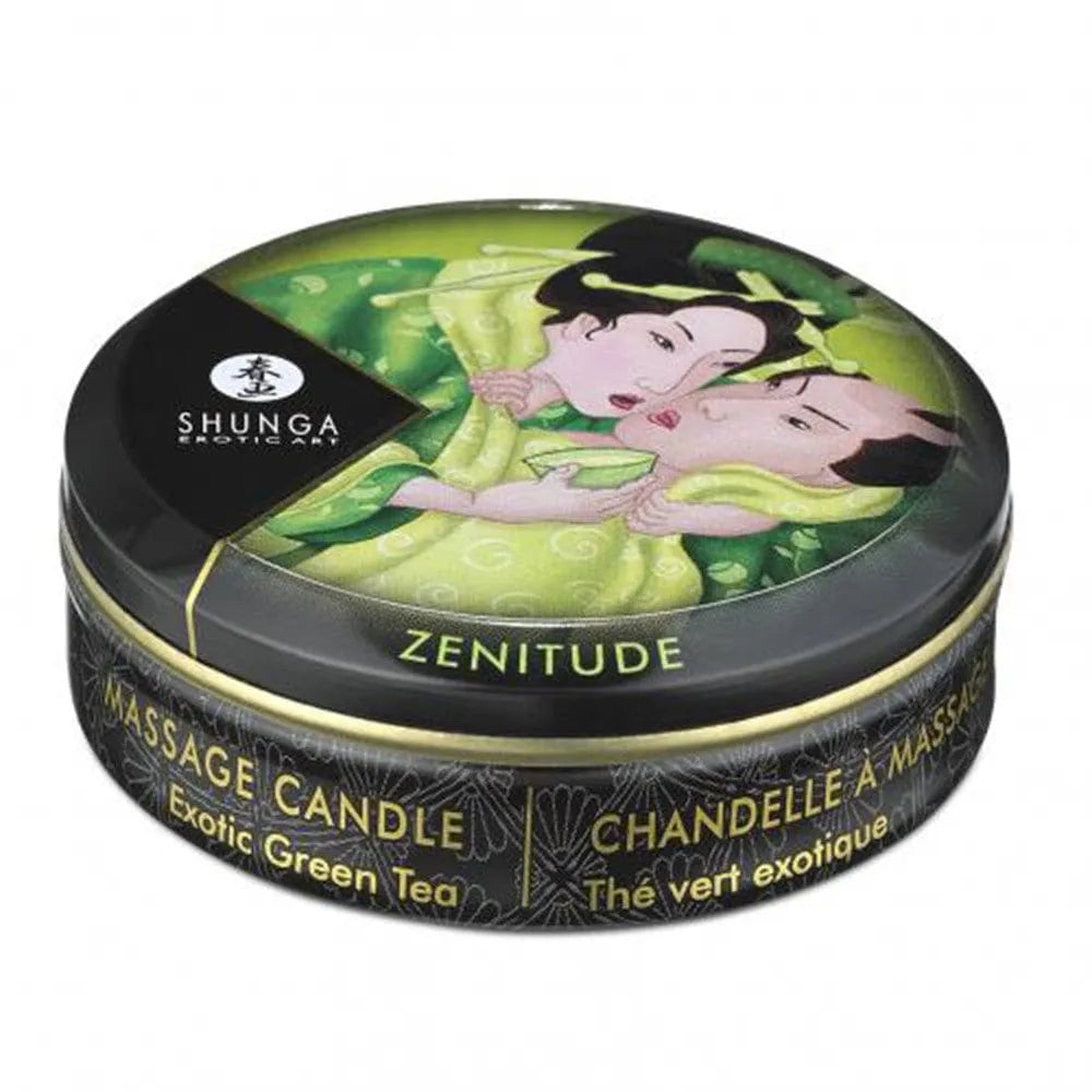 Bougie de massage thé vert en boîte ronde, illustration artistique, ambiance zen, huiles naturelles.