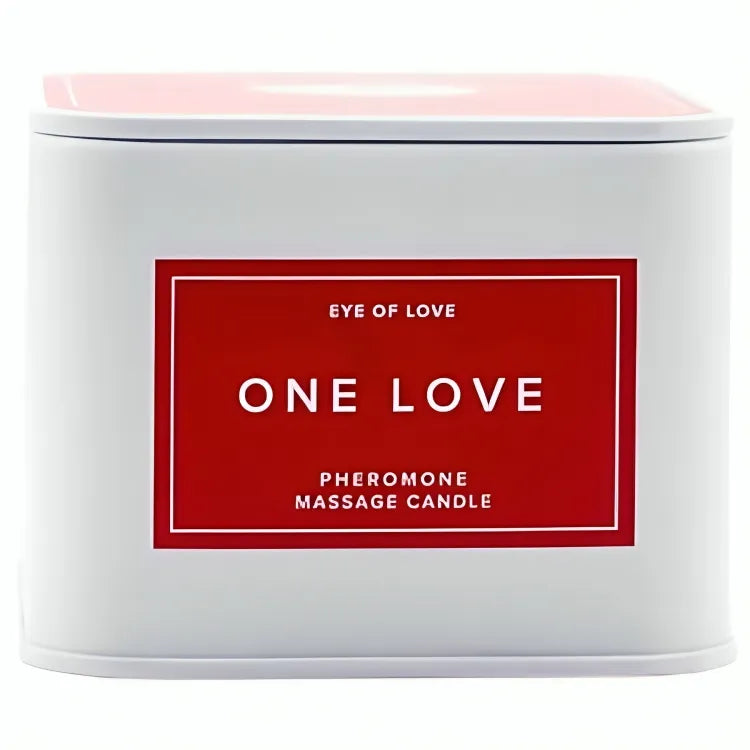 Bougie de massage blanche avec étiquette rouge, phéromones naturelles, beurre de karité, sensualité intime.