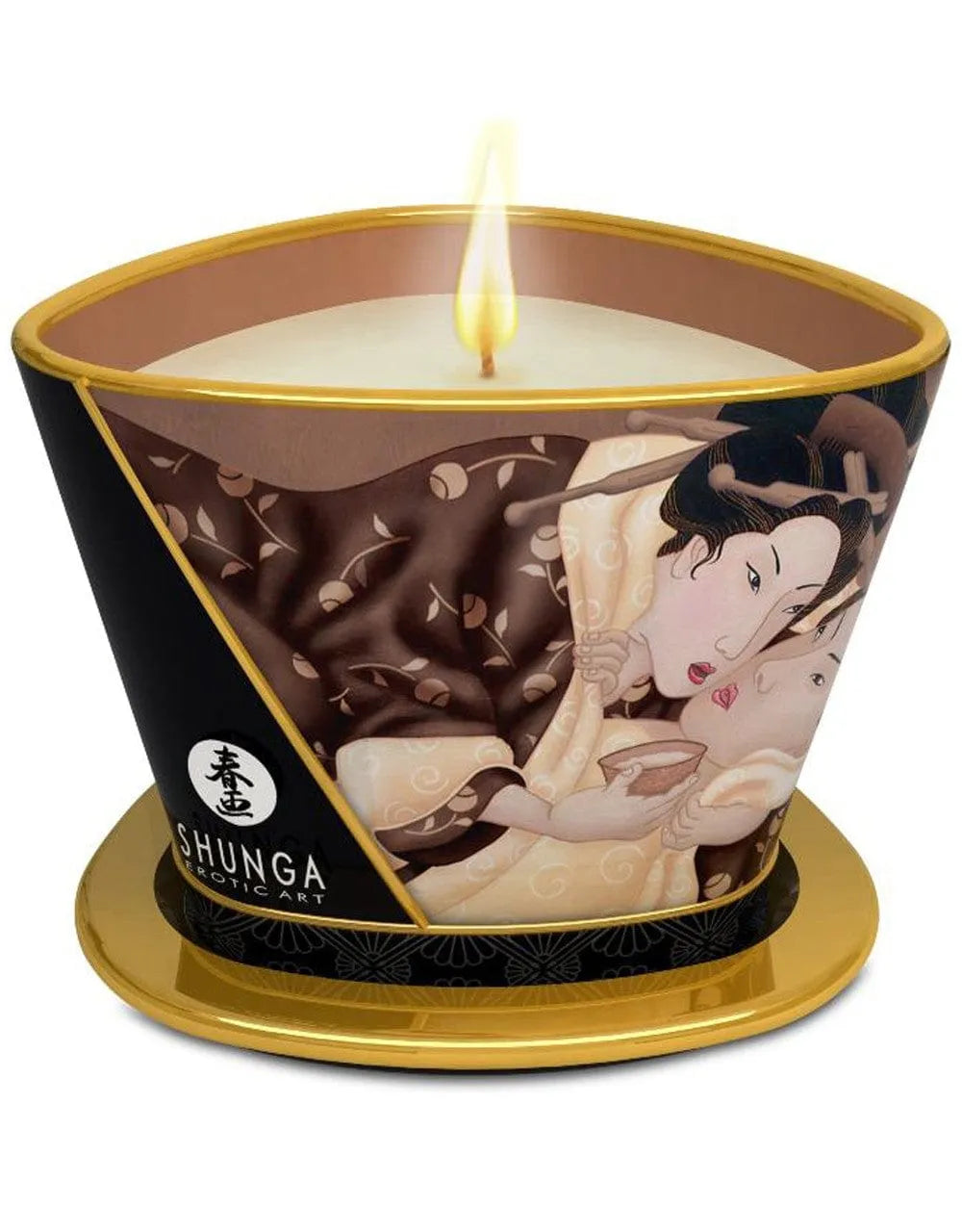 Bougie de massage chocolat, cire fondue, design élégant, huiles naturelles, relaxation, bien-être, fragrance envoûtante.