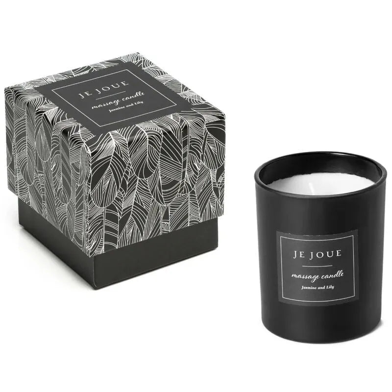 Bougie de massage noire Ylang Ylang Mandarine avec boîte décorative, ambiance sensorielle et parfum envoûtant.