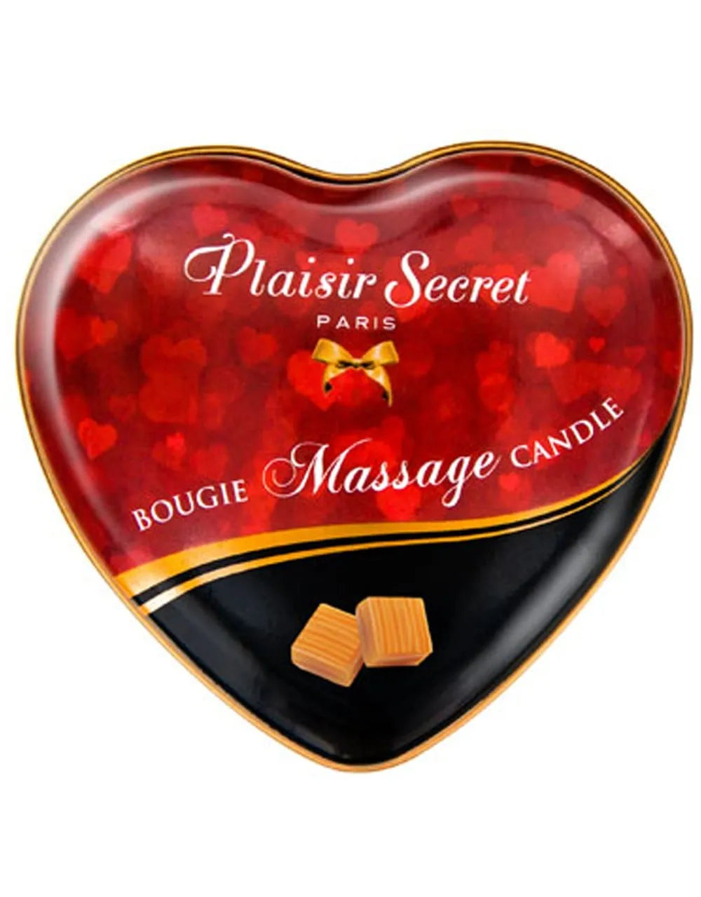 Bougie de massage érotique en forme de cœur, rouge et noire, parfum caramel, 35ml, pour moments sensuels.