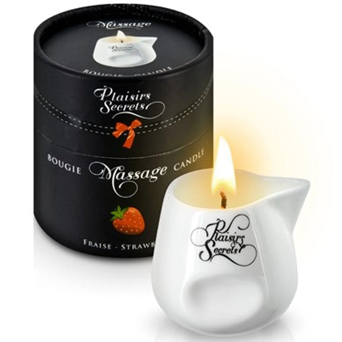 Bougie de massage fraise en pot céramique blanc avec bec verseur, packaging noir élégant, cire végétale naturelle.