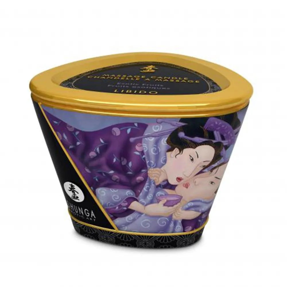 Bougie de massage fruits exotiques, pot coloré, design élégant, idéale pour femmes enceintes, relaxation sensorielle.
