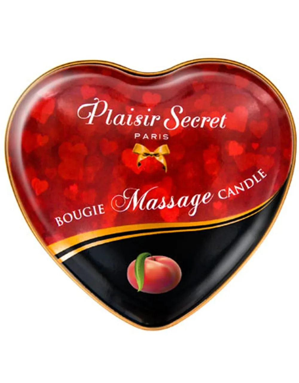 Bougie de massage en forme de cœur, rouge et noire, avec motif pêche, pour détente sensuelle et bien-être.