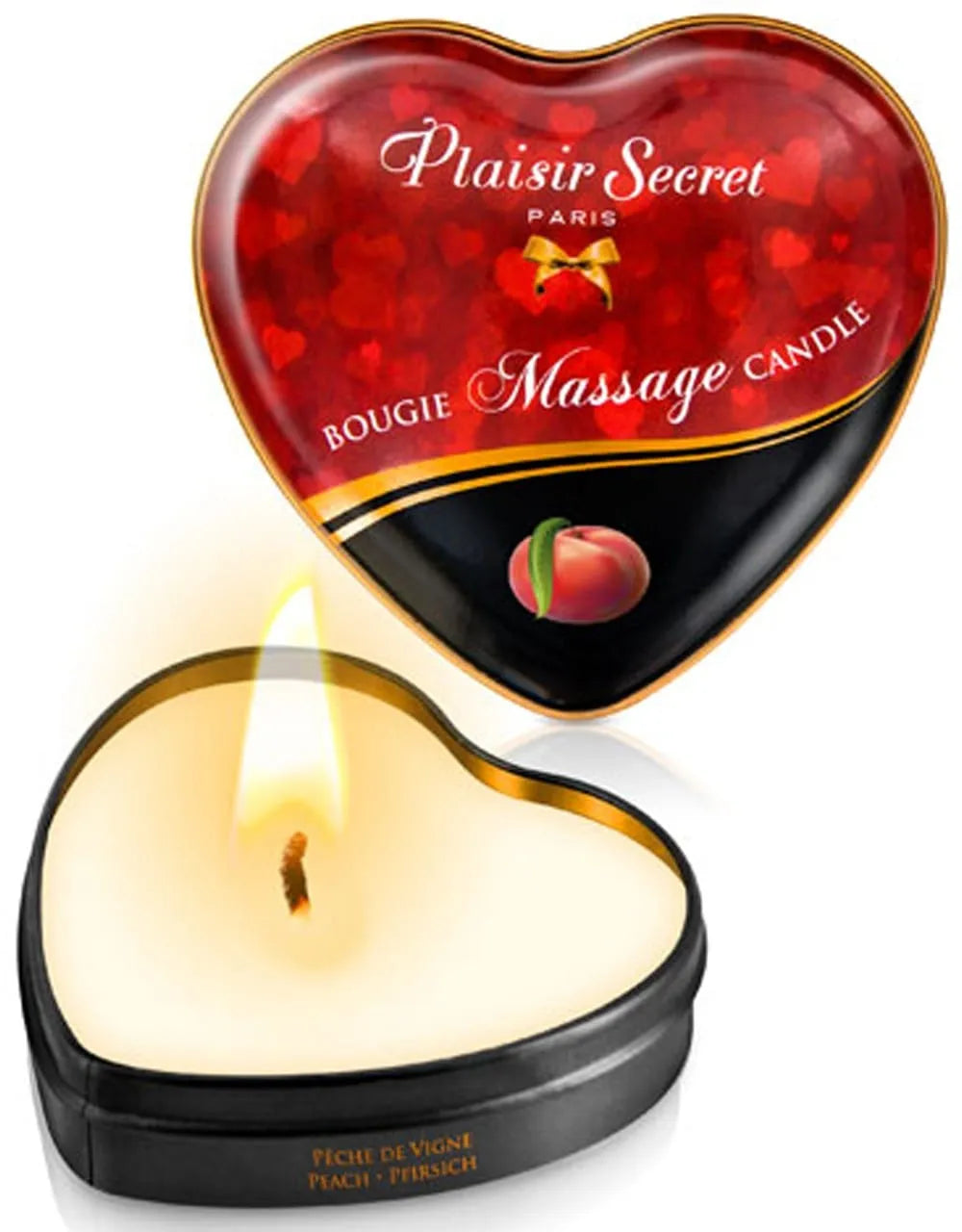 Bougie de massage cœur, cire fondante pêche de vigne, packaging rouge et noir, flamme allumée, détente sensuelle.