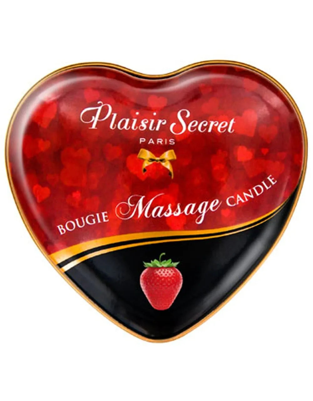Bougie de massage en forme de cœur, boîtier rouge et noir, parfum fraise, ambiance romantique et apaisante.