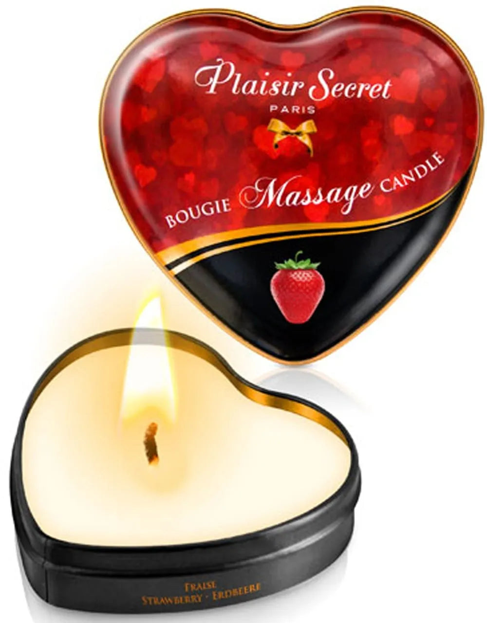 Bougie de massage en forme de cœur, parfum fraise, dans un boîtier métallique rouge et noir avec motif fraise.