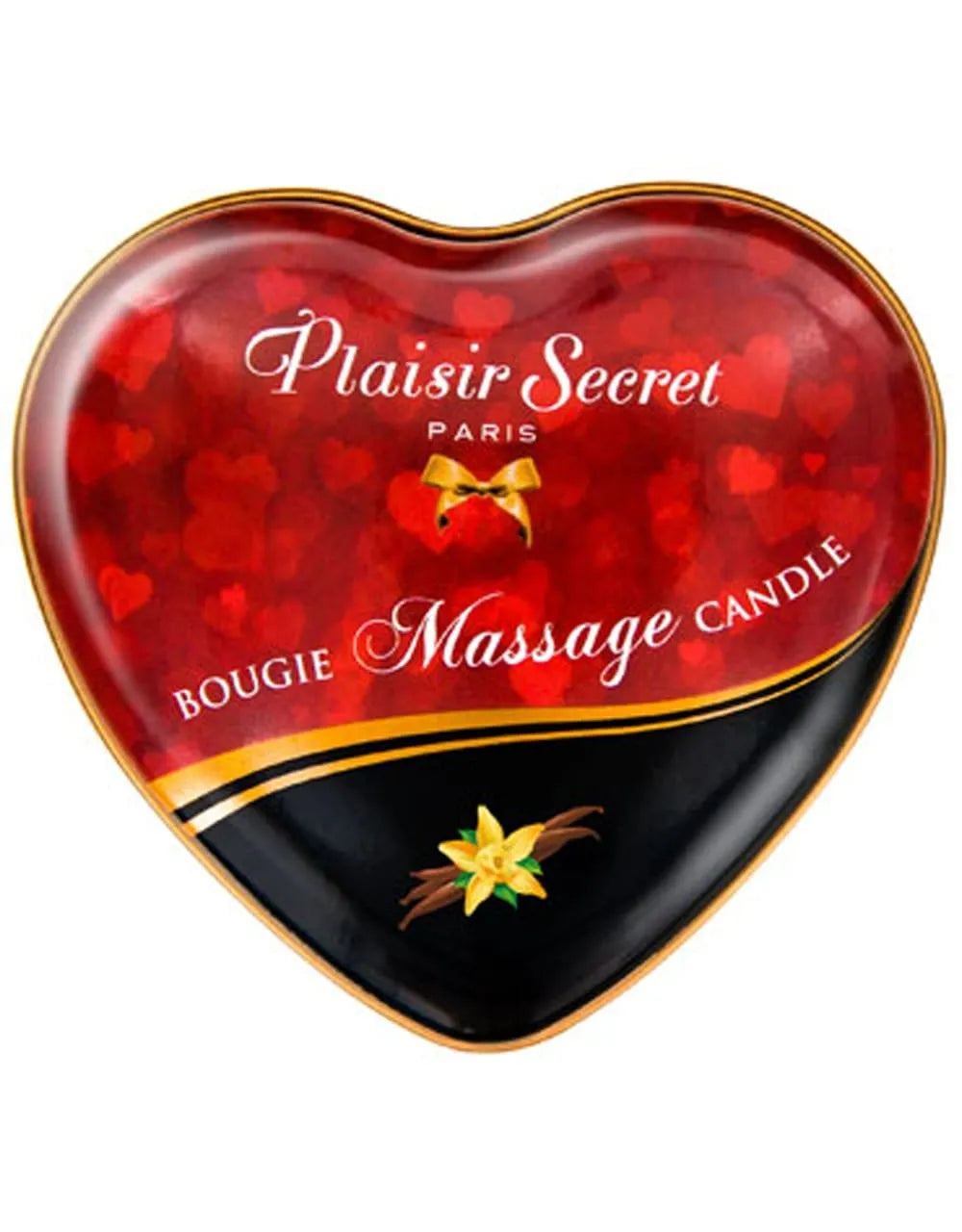 Bougie de massage en boîte cœur rouge, parfum vanille, pour moments romantiques et détente sensuelle.