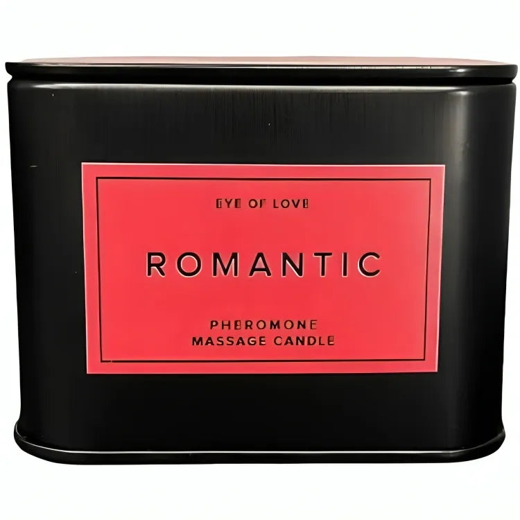 Bougie de massage noire avec étiquette rouge, infusée de phéromones et beurre de karité, pour détente sensorielle.