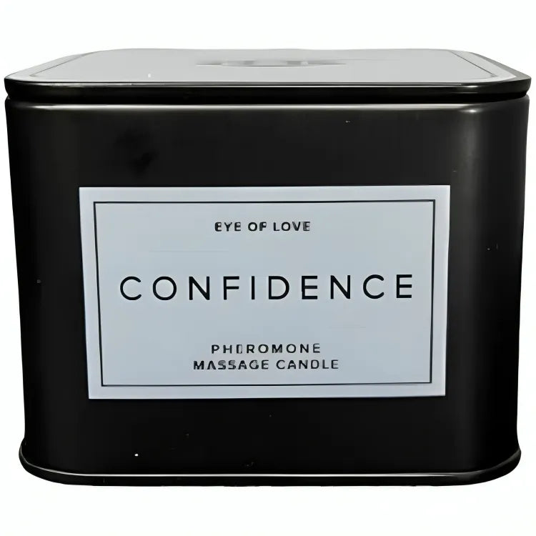 Bougie de massage phéromones pour hommes, boîte noire élégante, étiquette blanche, arômes musqués et notes de jasmin.