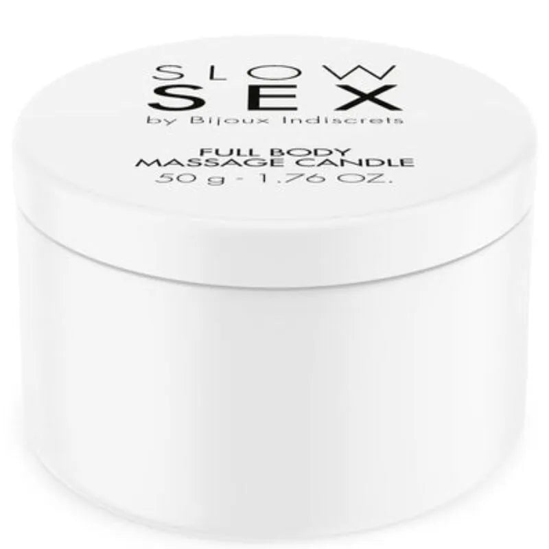 Bougie de massage blanche, pot rond, étiquette Slow Sex, hydratante à la noix de coco, 50g.