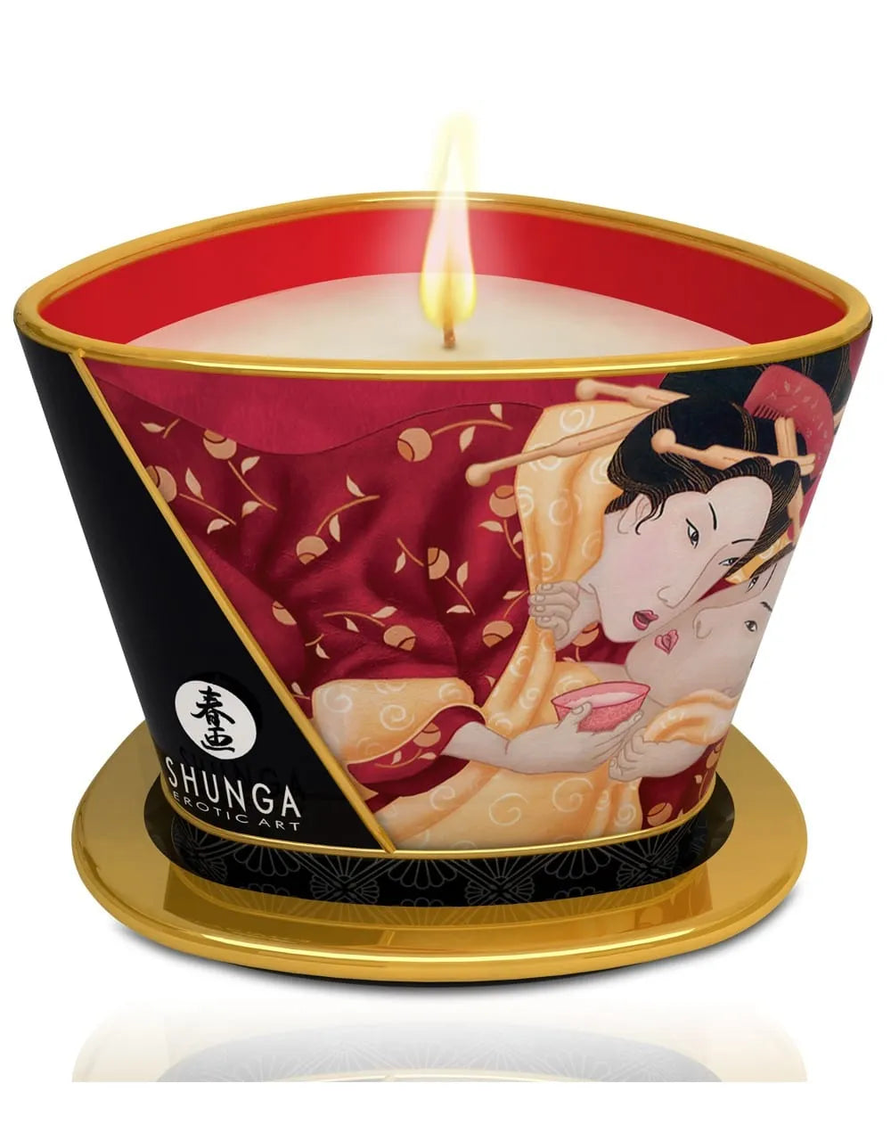 Bougie de massage sensuel fraise vin pétillant, pot décoratif rouge et noir, flamme allumée, ambiance relaxante.