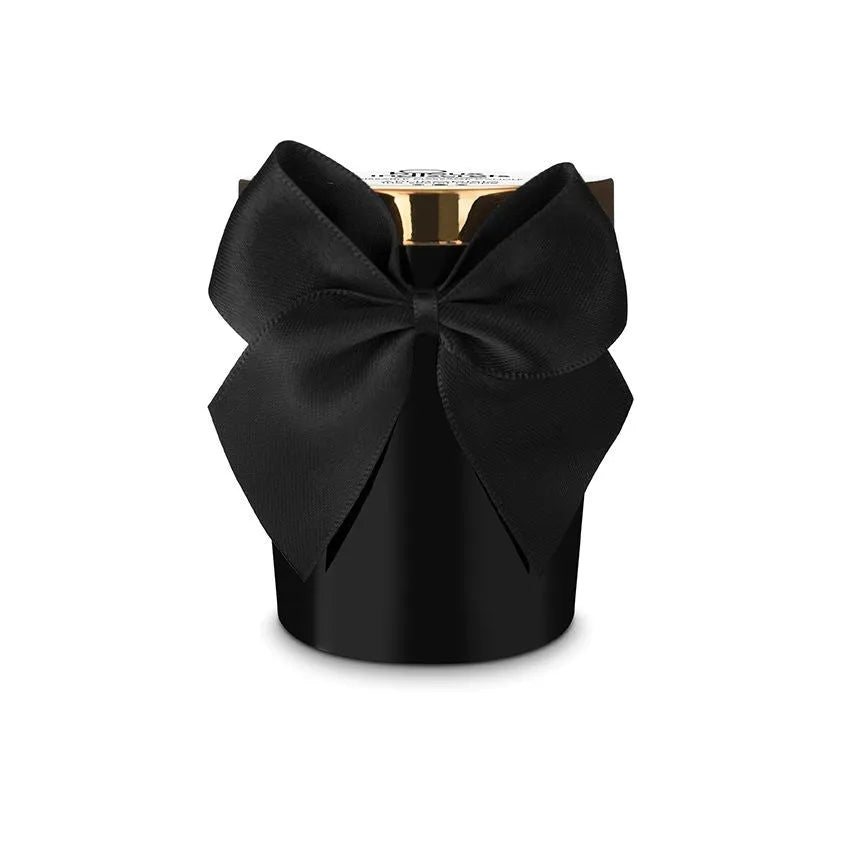 Bougie noire avec nœud noir, couvercle doré, Bougie De Massage Sensuelle Parfumée Aphrodisia, ambiance luxueuse.